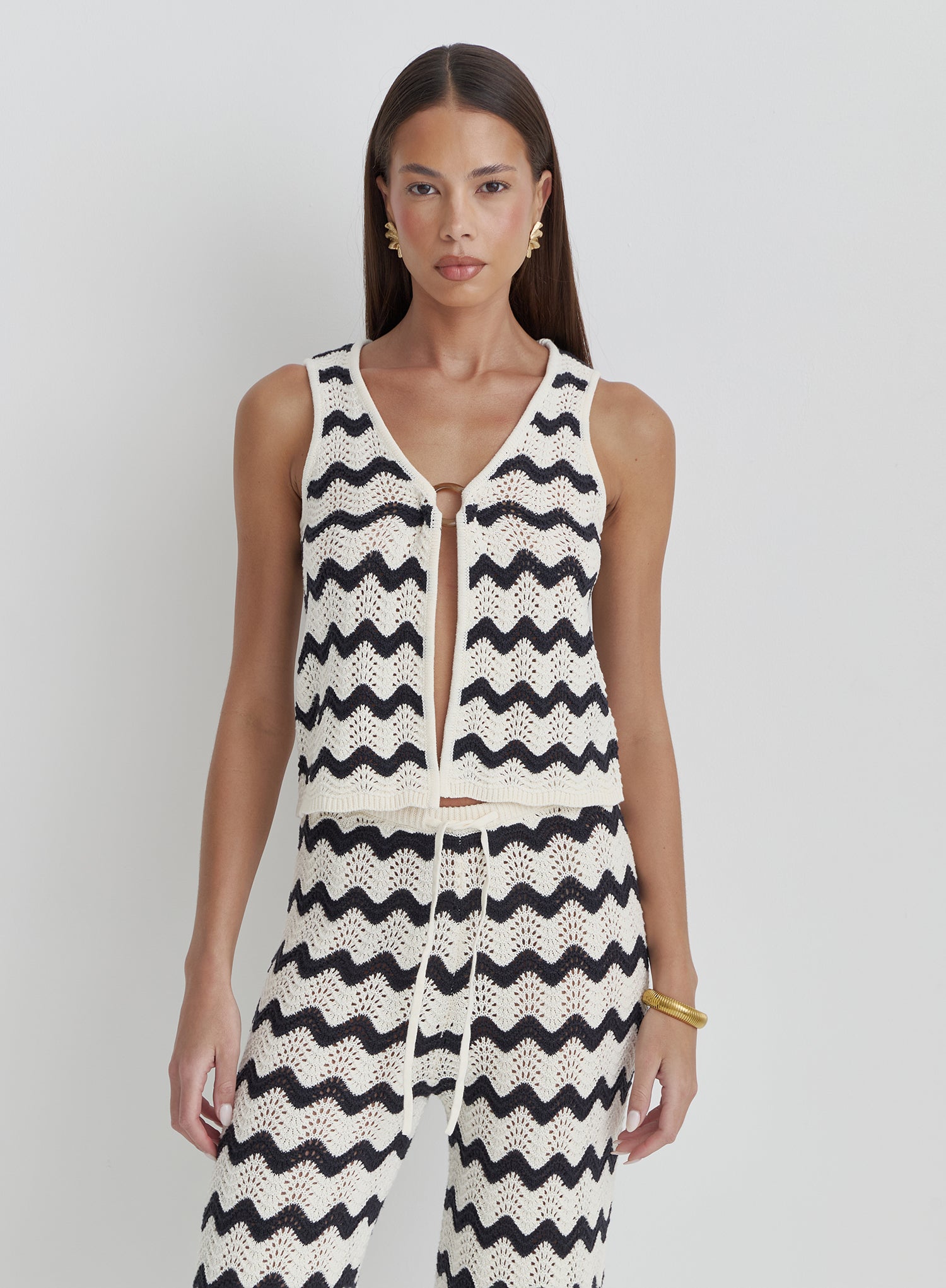 Navy And Cream Wave Crochet Tie Side Top